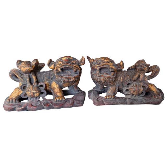 Chinese Antique Hand-Carved Chinese Guardian Lions or Foo Dogs - a Pair For Sale - Image 3 of 11