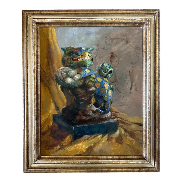 Surrealist Still Life With Foo Dog by Zsuzsanna Suger, Signed Oil on Canvas, C. 2000 For Sale