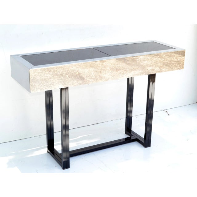 Very elegant bar console table Willy Rizzo Style made in Italy, circa 1970s. Sturdy black powder coated steel frame with...