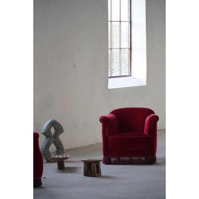 Red Vintage Danish Curved Lounge Chairs in Deep Red Velvet with Fringes, 1940s, Set of 2 For Sale - Image 8 of 18