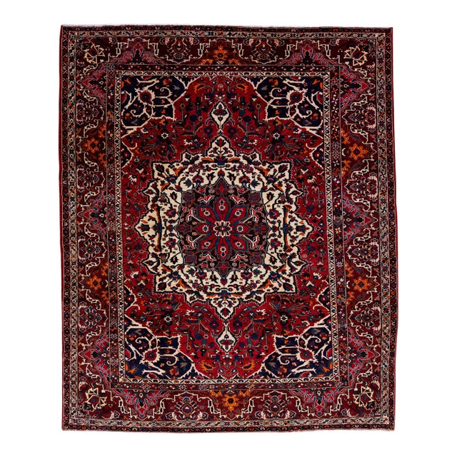Red Antique Persian Bakhtiari Handmade Wool Rug With Rosette Design For Sale