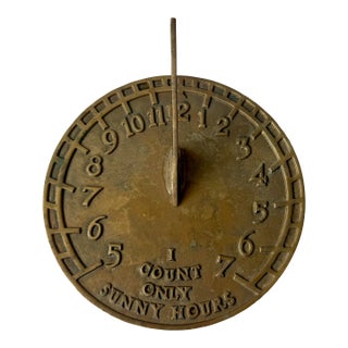 Vintage Heavy 10” Brass Sundial “I Count Only Sunny Hours” Indoor Outdoor Garden Patio Decor For Sale