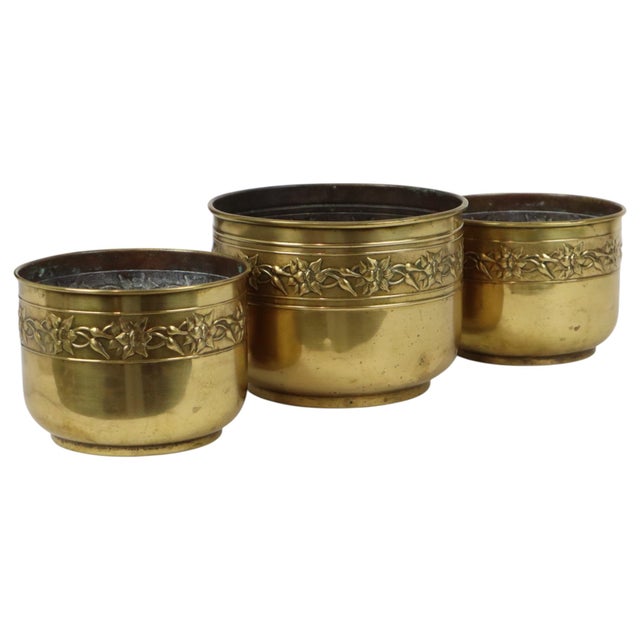 Brass Repoussé Flower Planters, Set of 3 For Sale - Image 5 of 18