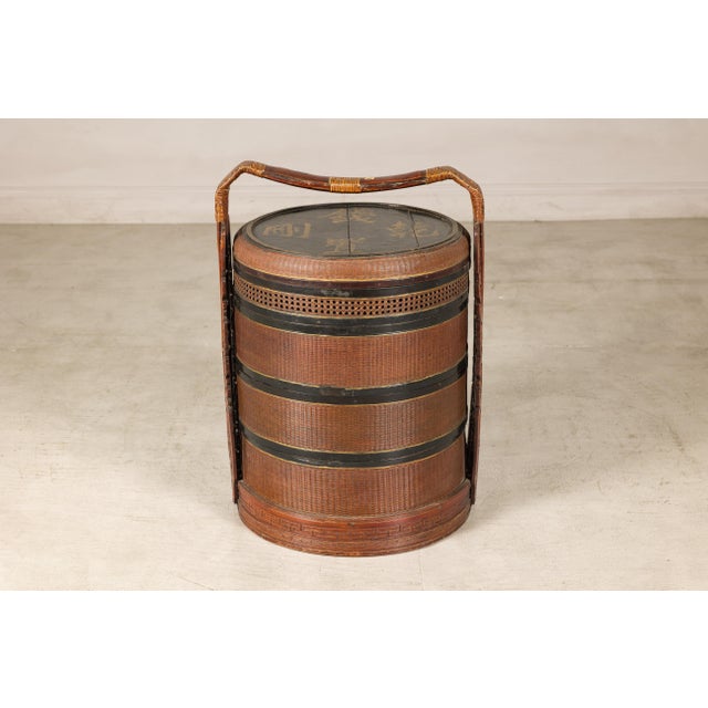 Vintage Chinese Rattan Wedding Basket with Carved Handle and Nested Containers For Sale - Image 13 of 18