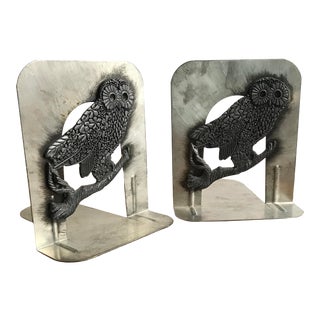 Vintage Pewter and Steel Owl Bookends by Metzke Company-a Pair For Sale