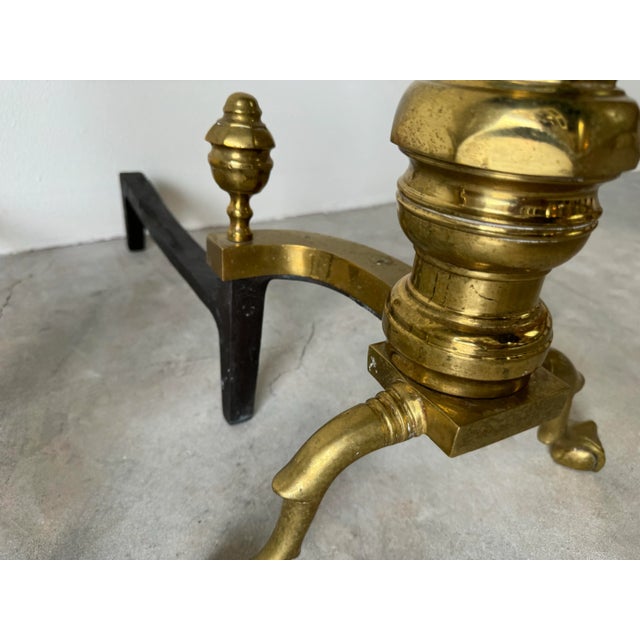 Metal Pair of Vintage American Brass & Metal Andirons With Claw and Ball Feet For Sale - Image 7 of 12