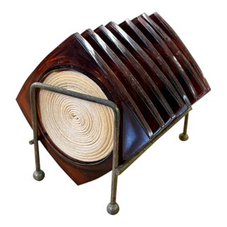 Mid Century Acrylic and Raffia Coaster in Metal Holder For Sale