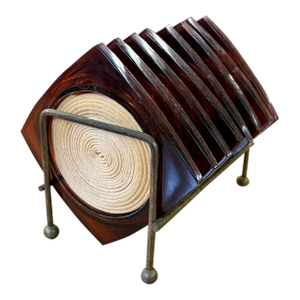 Mid Century Acrylic and Raffia Coaster in Metal Holder