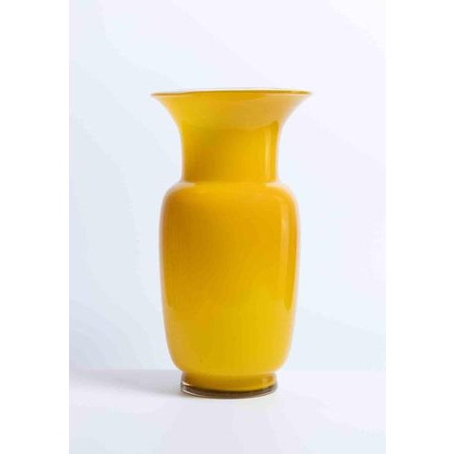 Vintage Art Glass vase in a yellow jacketed belly, attributed to Carlo Nason, and realized in 1970s. Signature in Acid on...
