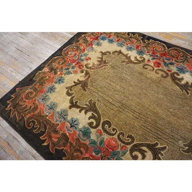 Beautiful Brown Color With Intricate Folk Art Pattern Antique American Hooked Rug For Sale - Image 9 of 12