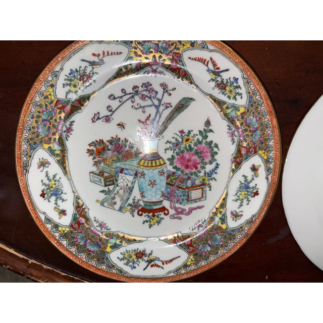 Chinese Set of Four 9” Rose Canton Vintage HandPainted Chinese Porcelain Plates - Millefleur, Floral For Sale - Image 3 of 7