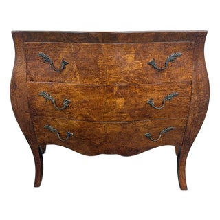 Vintage Italian Style Burled Curved Bombe Commode Chest For Sale