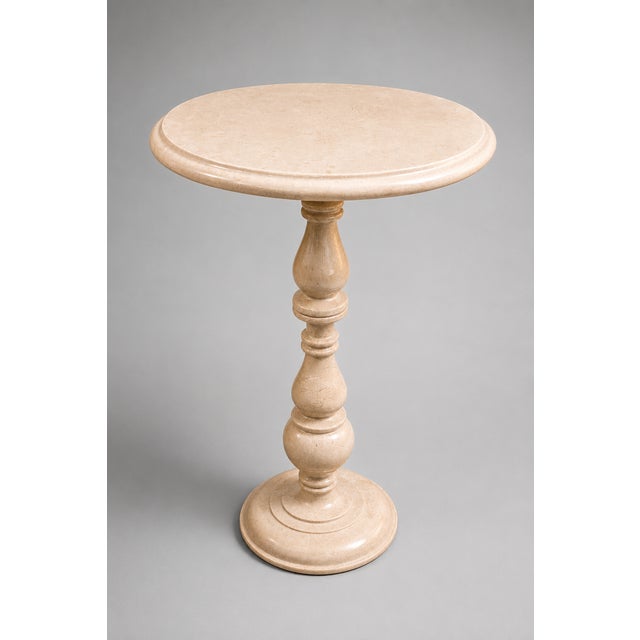French Handcrafted Beige Marble Pedestal Side Table | Round Stone Accent Table For Sale - Image 3 of 5