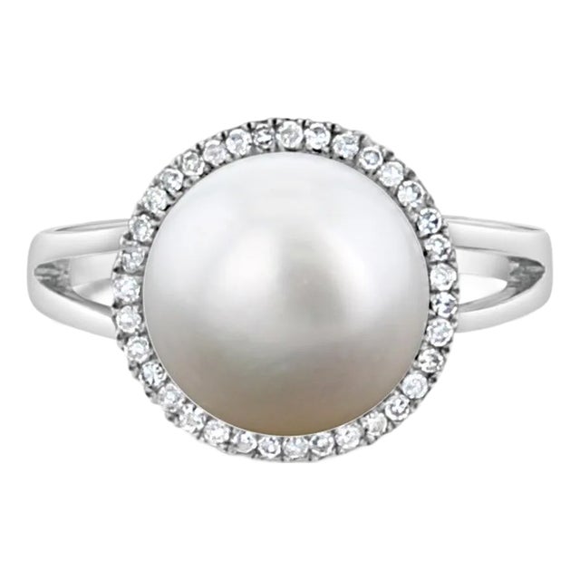10MM Freshwater Pearl Diamond Halo Ring, Size 10 For Sale