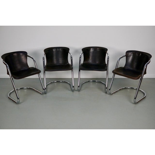 Brown Leather Dining Chairs, 1970s, Set of 4, in Good conditions. Designed 1970 to 1979