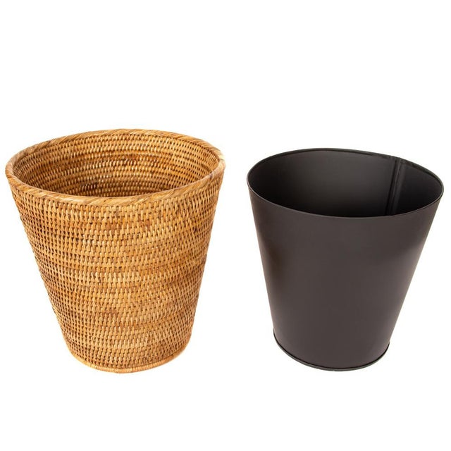 Artifacts Rattan Round Tapered Waste Basket with Metal Liner in Honey Brown - 12" For Sale - Image 4 of 7
