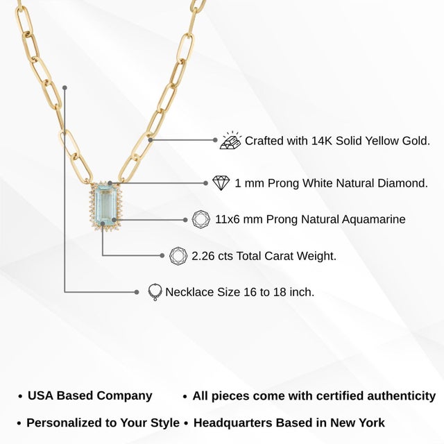 2.26ct Emerald-Cut Aquamarine & Diamond Halo Paperclip Chain Necklace in 14k Gold For Sale - Image 11 of 16