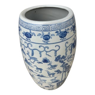 Vintage Chinese Blue & White 100 Deer Umbrella Stand For Sale