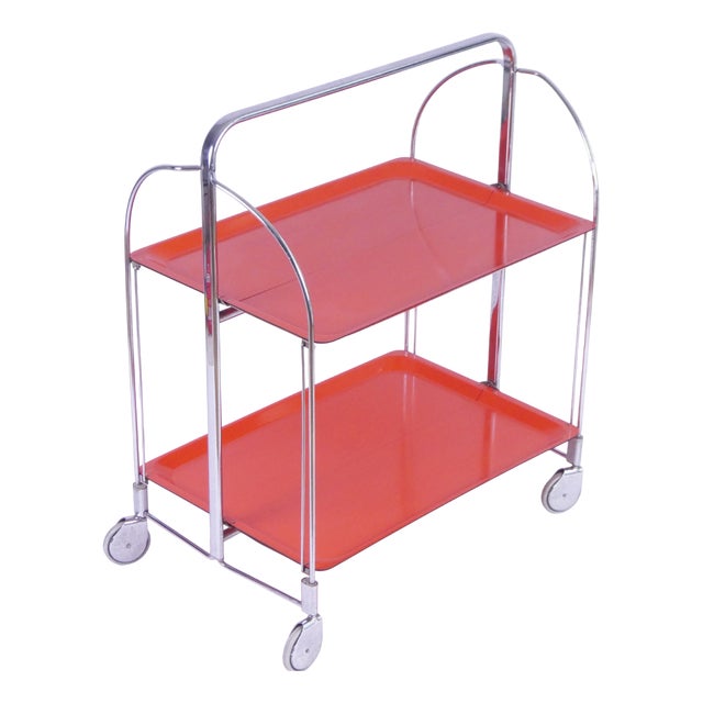 Vintage Orange Foldable Bar Cart in Chrome Metal, 1960s For Sale