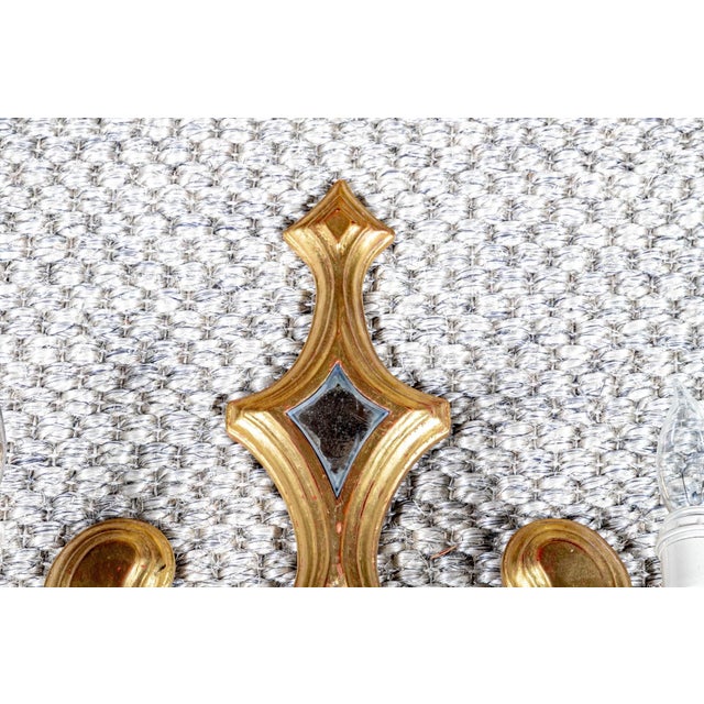 Gothic Vintage Ornate Gilt Mirrored Double Light Wall Sconces—A Pair For Sale - Image 3 of 9