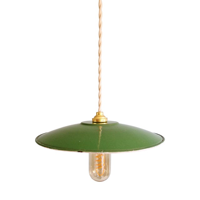 Industrial Pendant Light in Green Enameled Sheet Metal, 1940s For Sale