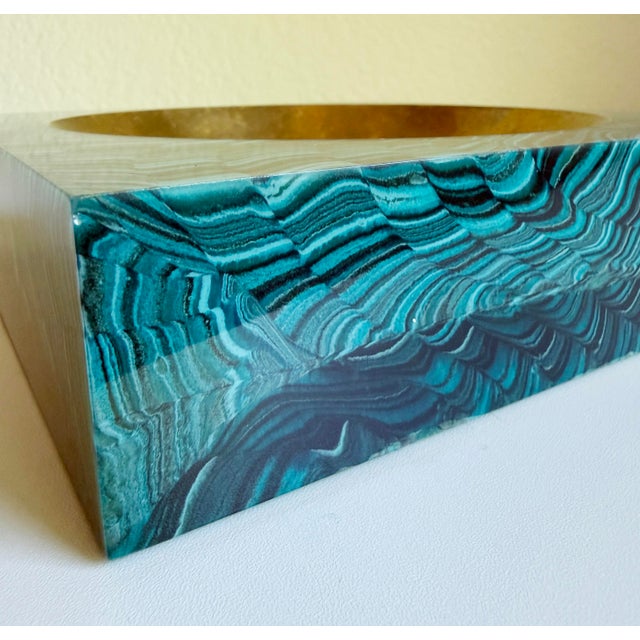 Hollywood Regency Aldo Tura Vide Poche, Brass & Faux Malachite, Italy 1960s, Attributed For Sale - Image 3 of 16