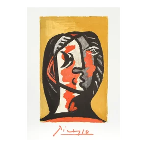 1980s "Tete de Femme en Gris et Rouge sur Fond Ochre" Lithograph After Pablo Picasso