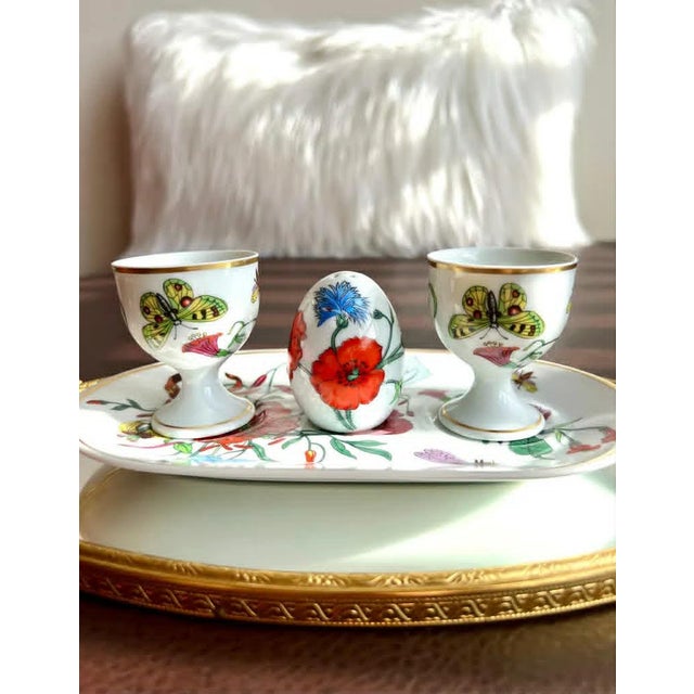 Beautiful very rare to find 1980s Gucci Bernardaud Limoges floral and butterfly print porcelain (two) egg cup, a plate and...