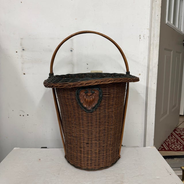 Wood Vintage Tall Wicker Basket, Carved Shell Embellishment, Kindling, Planter, Etc. For Sale - Image 7 of 7