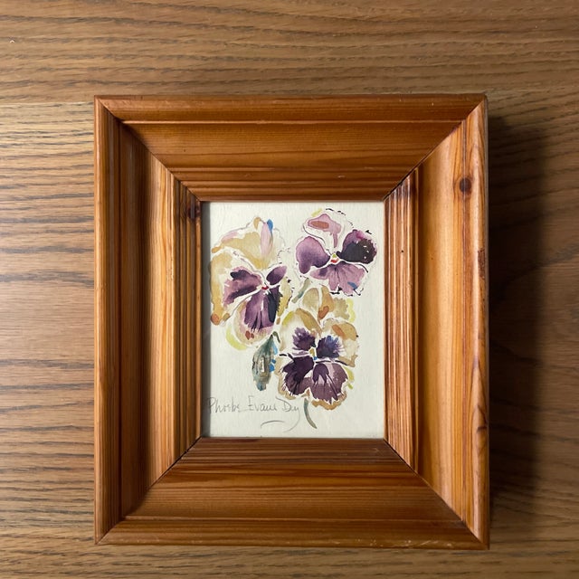 Paint Nantucket Artist Phoebe Evans Dey Original Signed Watercolor of Pansies For Sale - Image 7 of 7