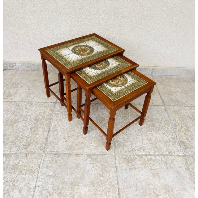 Danish Teak and Ceramic Nesting Tables, 1960s, Set of 3 For Sale - Image 6 of 11