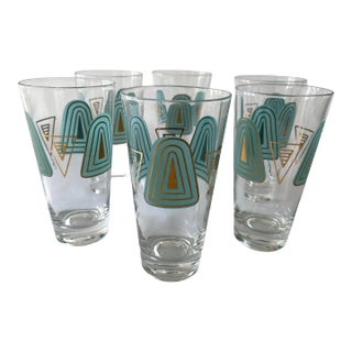 1960s Turquoise, White & Gilt Highball/Lemonade Glasses - Set of 6 For Sale