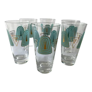 1960s Turquoise, White & Gilt Highball/Lemonade Glasses - Set of 6
