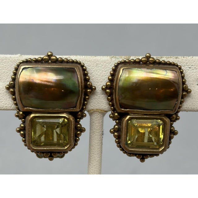 Stephen Dweck Etruscan Style Earrings, Clip. Bezel-set shell, brown tones, on top. Yellow/Green faceted quartz at the...