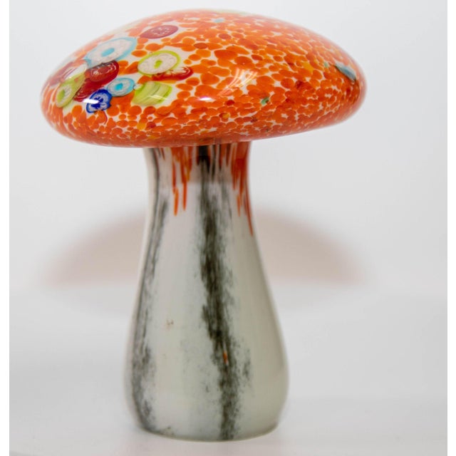 Murano Style Italian Art Glass Mushroom Toadstool Paperweight Orange with Millefiori and White 1980s. Beautiful vintage...