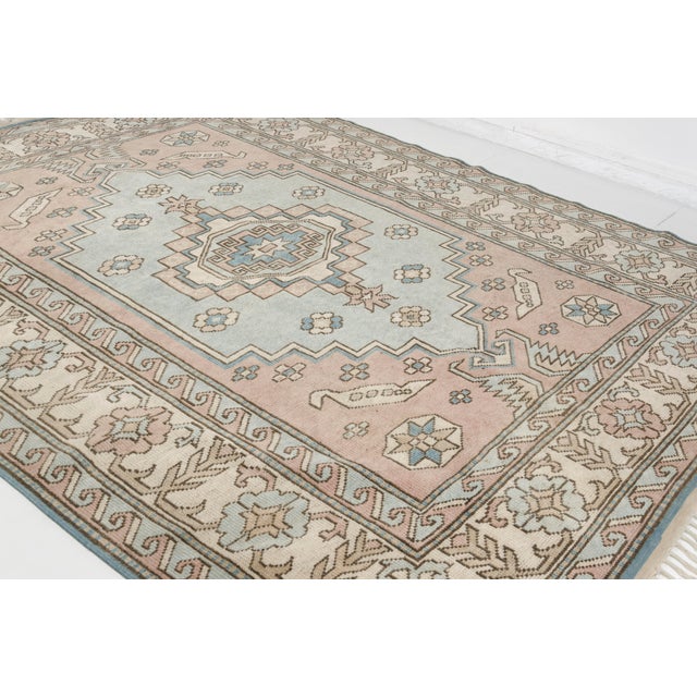 Vintage Turkish Area Rug, Soft Pink and Blue, Handwoven Wool For Sale - Image 4 of 10