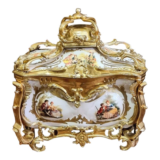 French Style Porcelain Jewelry Box With Gilt Bronze Ormolu Details For Sale