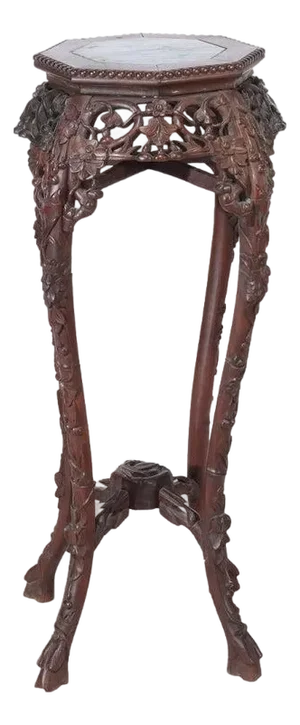 Antique Chinese Floral Carved Hardwood Marble Top Stand C1910