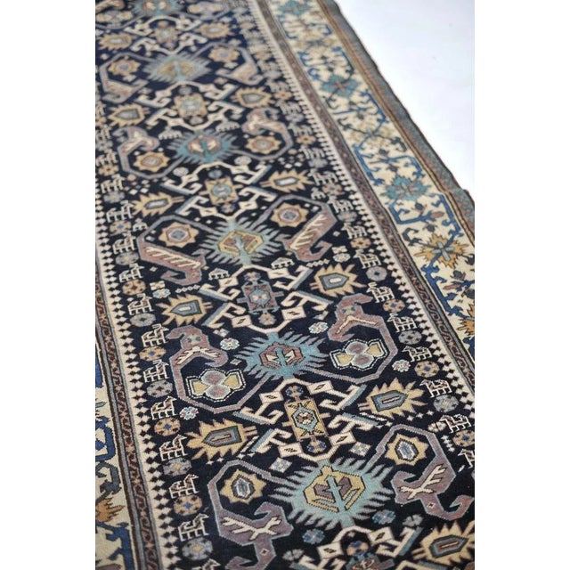 Traditional Caucasian Bijov Design Wool Runner with Navy, Aubergine, Teals 4.1 x 9.9 For Sale - Image 3 of 13