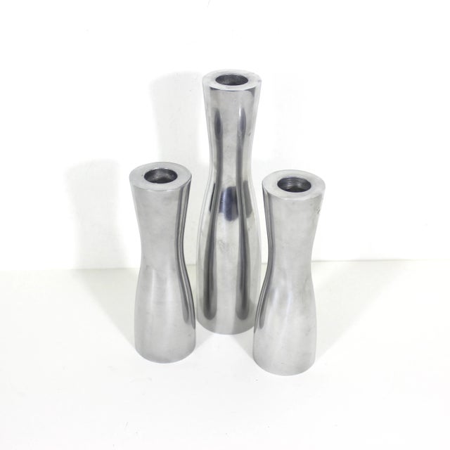 Mid-Century Modern Vintage Mid-Century Modern Erika Pekkari Aluminum Scandinavian Candlesticks- Set of 3 For Sale - Image 3 of 6