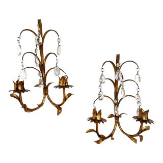 Vintage Mid 20th Century Italian Tole Candle Chandelier Wall Sconce, Gilt Metal and Crystal For Sale