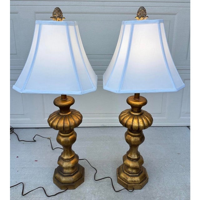 Pair of Monumental 1920s Italian Carved Giltwood Pineapple Table Lamps - 36" Tall Hollywood Regency For Sale - Image 15 of 18
