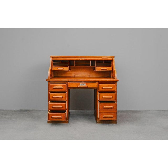 Industrial Style Oak Roll-Top Desk, Early 20th Century For Sale - Image 4 of 18