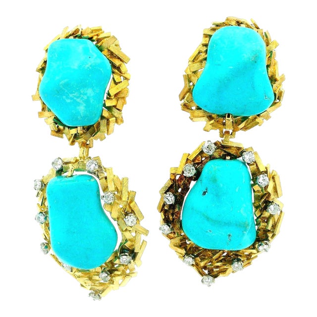 Italian Modernist Turquoise Diamond Textured Gold Earrings, Circa 1970s, A Pair For Sale