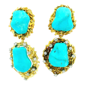 Italian Modernist Turquoise Diamond Textured Gold Earrings, Circa 1970s, A Pair