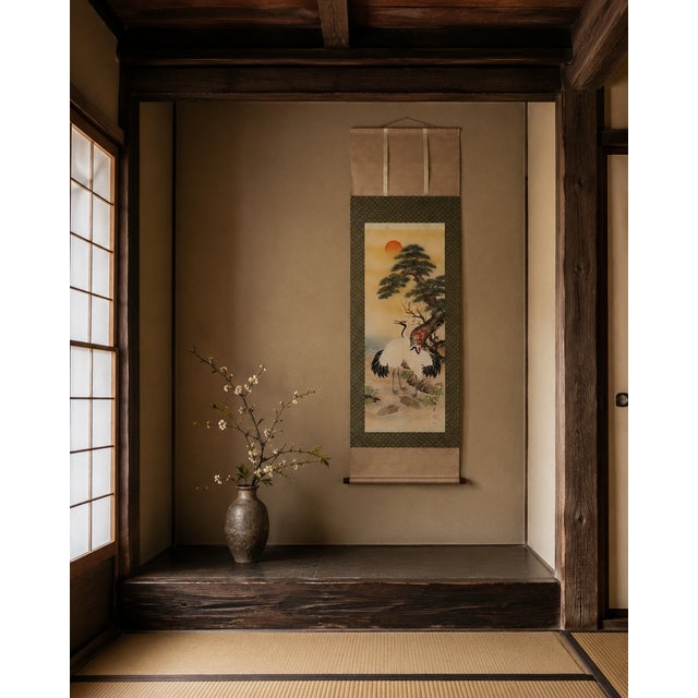 Vintage Japanese Kakejiku Hanging Scroll With Cranes, Turtles, Pine and Plum Blossoms For Sale - Image 6 of 8