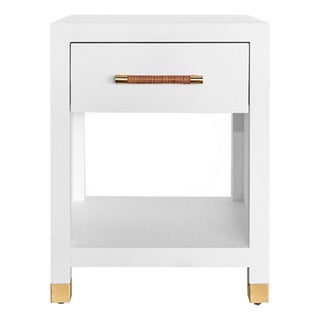 Matthew Izzo Home Pelham Matte White Lacquer One Drawer Side Table With Brass and Wrapped Rattan Handle For Sale