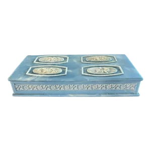 1960s Vintage Blue Marbled Incolay Large Stone Jewelry Box With Raised Relief Cameos of Lovers Courting