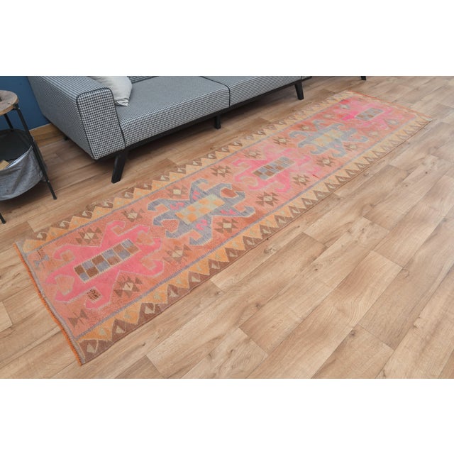 Pink 1970s Vintage Handmade Wool Cotton Turkish Pink Runner Rug For Sale - Image 8 of 11