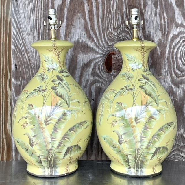 Vintage Coastal Banana Leaf Glazed Ceramic Lamps - a Pair For Sale - Image 4 of 6
